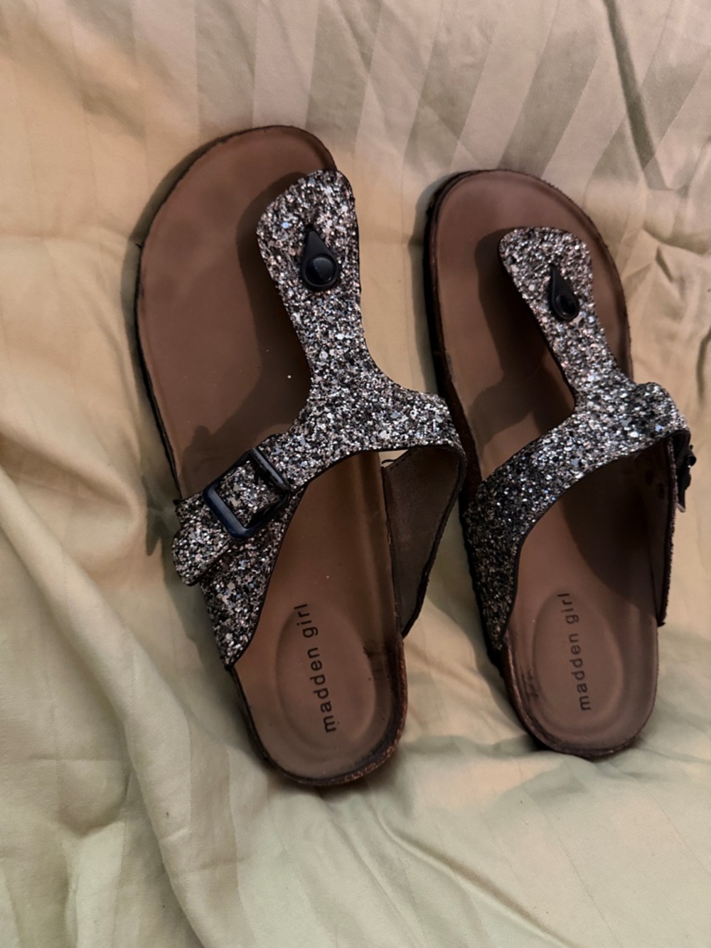 Madden Girl Silver Glitter T-Strap Sandals with Buckle